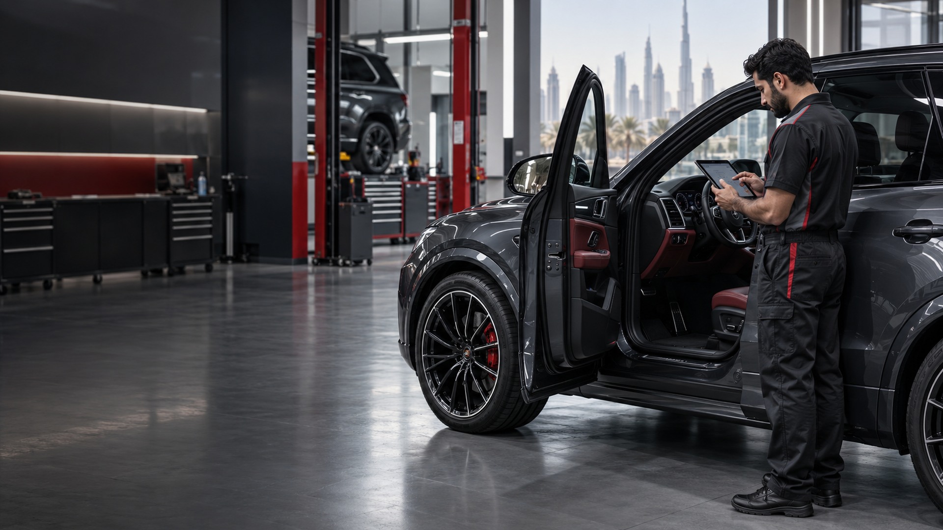Technician using advanced diagnostic equipment on a modern car